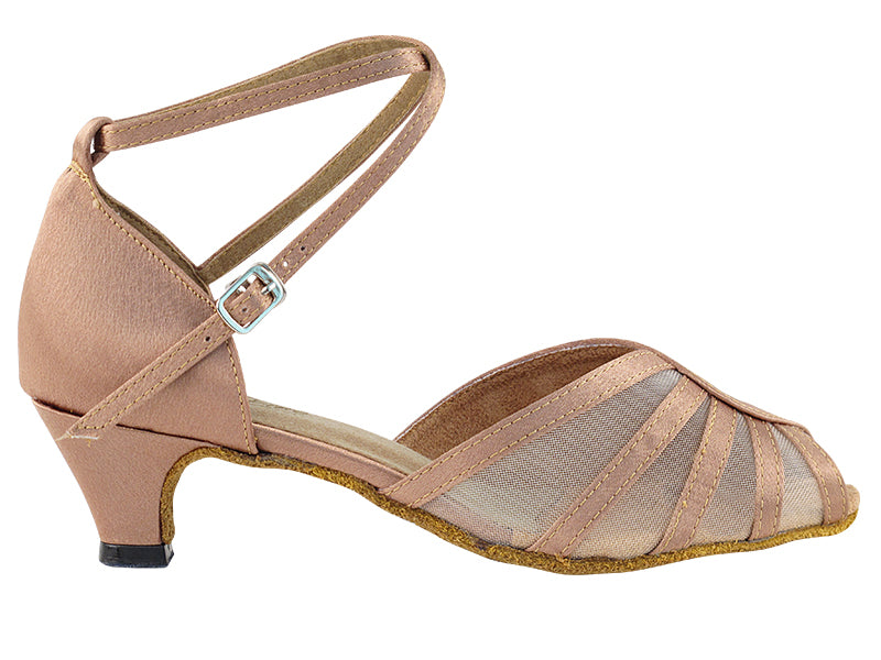 Ladies Cuban Heel 6018 Brown Satin/Flesh Mesh