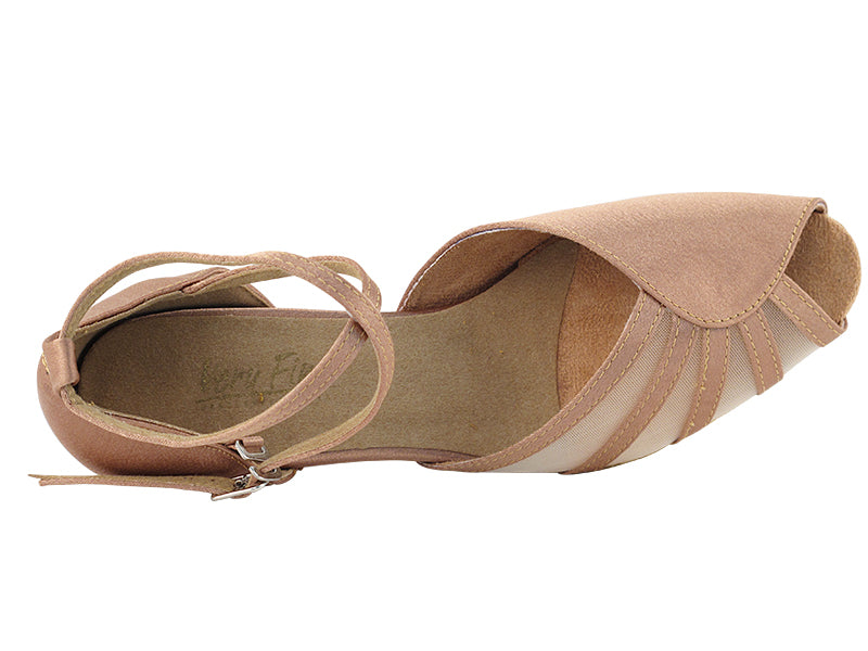 Ladies Cuban Heel 6018 Brown Satin/Flesh Mesh