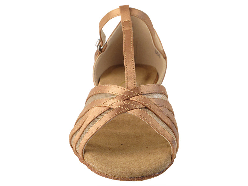 Ladies Flat Heel 16612FT Tan Satin/Flesh Mesh
