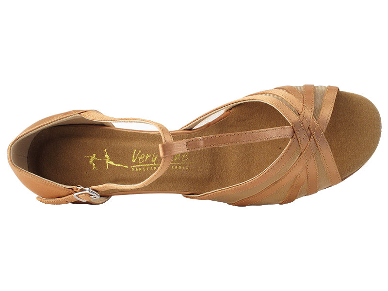Ladies Flat Heel 16612FT Tan Satin/Flesh Mesh