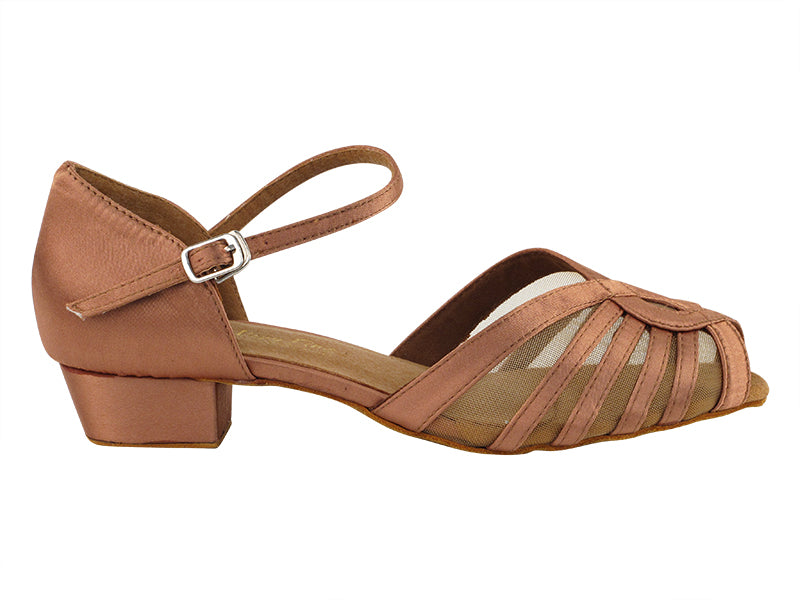Ladies Flat Heel 2719FT Tan Satin/ Flesh Mesh