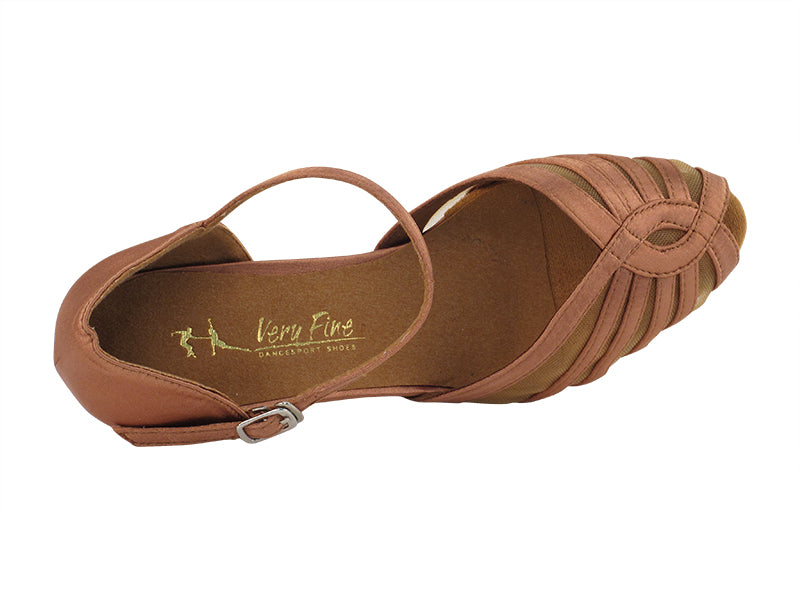 Ladies Flat Heel 2719FT Tan Satin/ Flesh Mesh