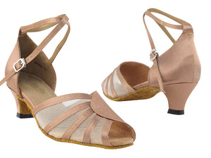 Ladies Cuban Heel 6018 Brown Satin/Flesh Mesh